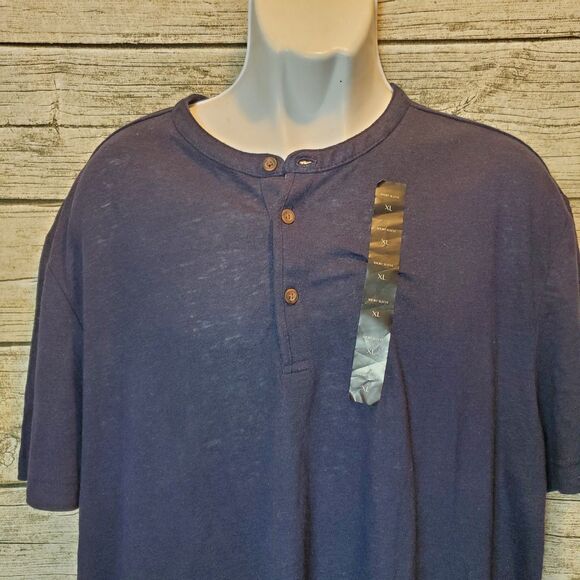 Banana Republic Linen Blend Dark Navy Short Sleeve Shirt 3/4 Front Button Sz XL - Picture 2 of 8